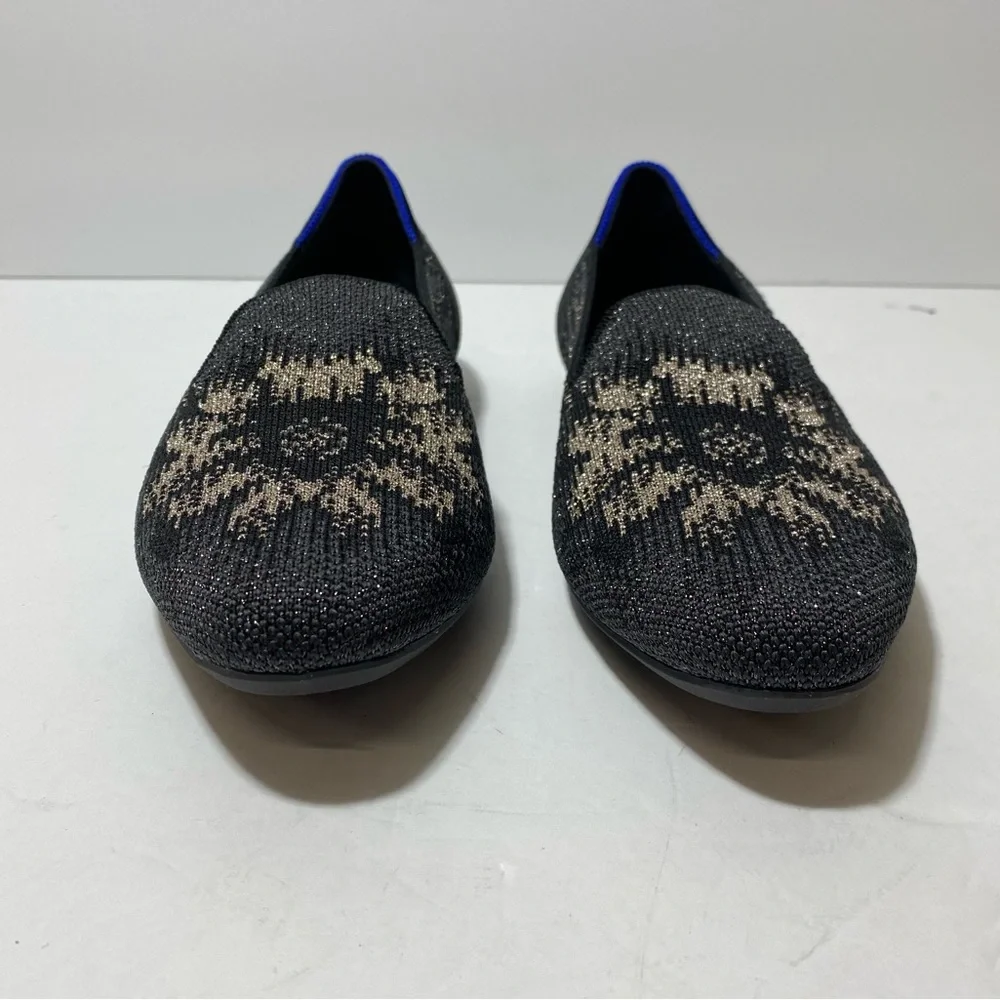 Rothy's Women's Black Grey Metallic Shiny Floral Almond Toe Loafers Flats Sz 5.5